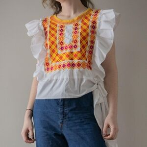 Ruffle Embroidered White Red Yellow Boho Summer Tie Waist Mexican Blouse